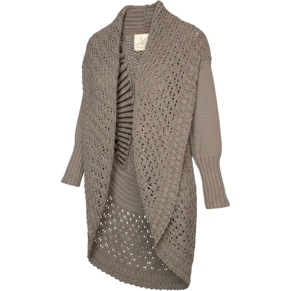 Angel of the North Cardigan Women XS Taupe Crochet Open Front Shawl Collar Boho
